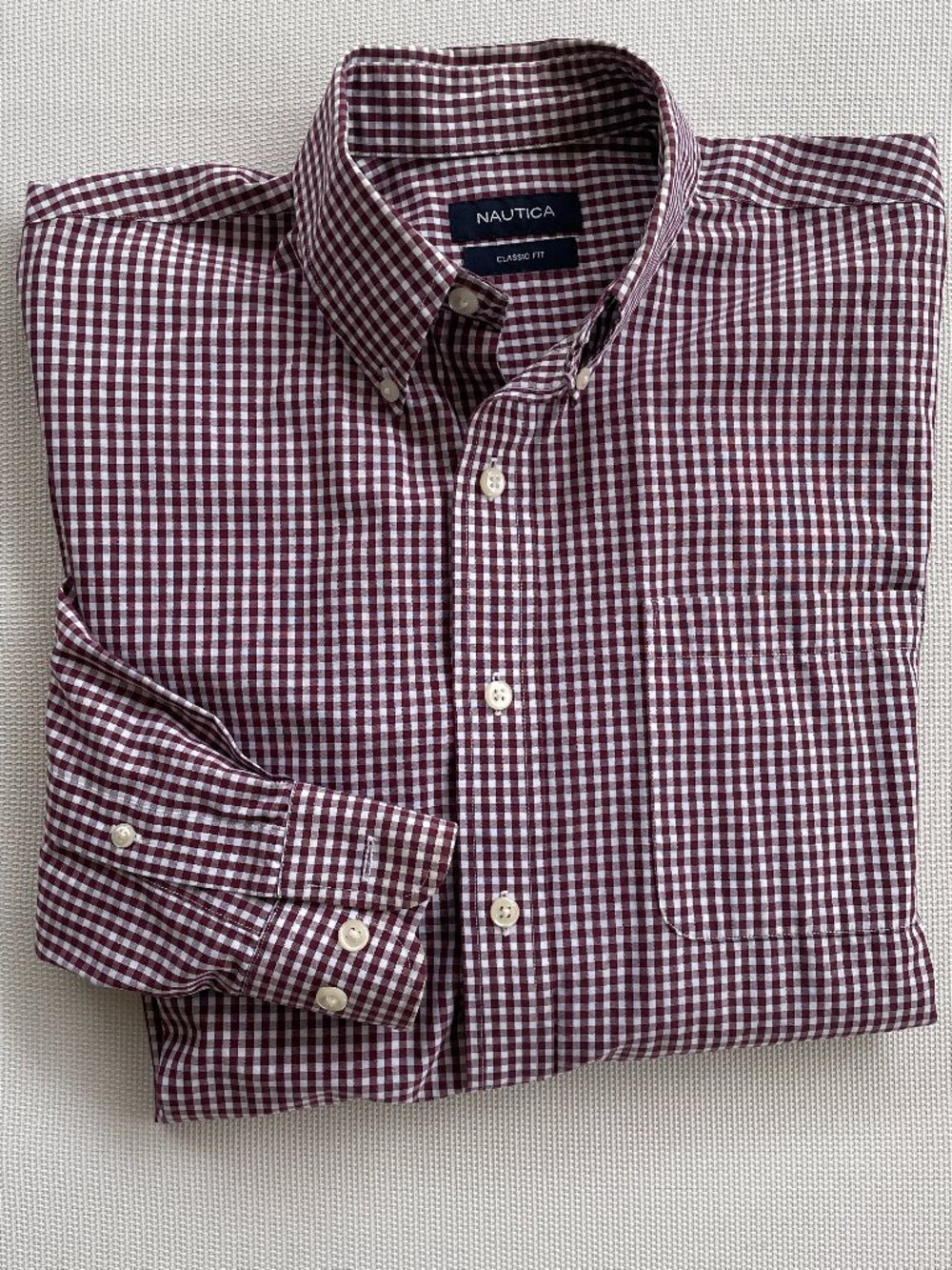 NAUTICA Classic Fit Burgundy Check Button-Down Shirt, 15x32/33 Med